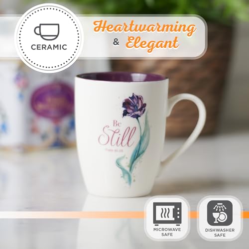 Christian Art Gifts Purple Tulip Ceramic Coffee Mug – 12 oz. Microwave & Dishwasher-safe Non-Toxic Inspirational Scripture Coffee and Tea Mug for Women with Bible Verse: Be Still and Know –Psalm 46:10