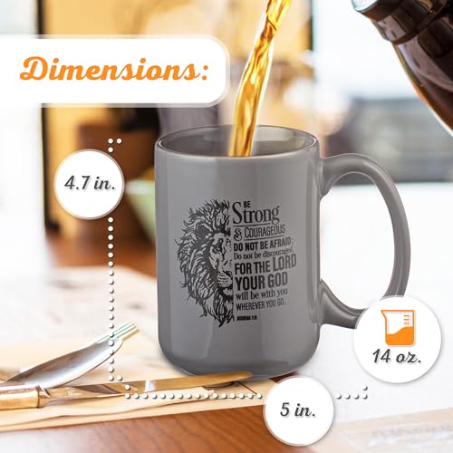 Christian Art Gifts Lion Gray Ceramic Coffee Mug – 14 oz. Microwave and Dishwasher-safe Inspirational Scripture Coffee and Tea Mug for Men and Women with Bible Verse: Strong & Courageous – Joshua 1:9