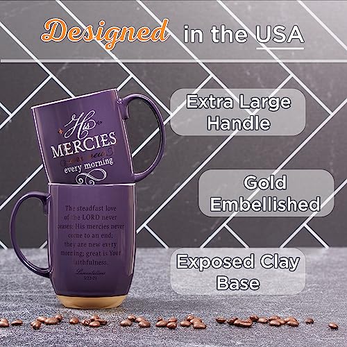 Christian Art Gifts Ceramic Scripture Coffee & Tea Mug Large 15 oz Inspirational Bible Verse Mug for Women: His Mercies are New - Lam. 3:22 Lead-free w/Clay Base & Gold Accents, Purple/White