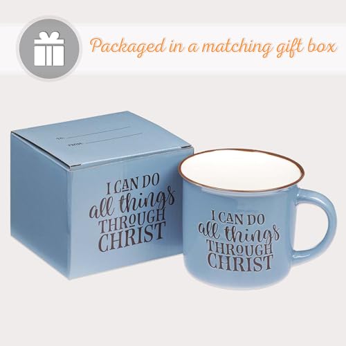 Christian Art Gifts Blue Camp Style Ceramic Coffee Mug – 13 oz. Microwave and Dishwasher Safe Inspirational Scripture Coffee & Tea Mug with Bible Verse: I Can Do All Things Through Christ – Phil. 4:13