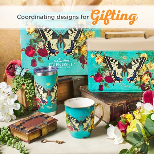 Christian Art Gifts Teal Butterfly Ceramic Coffee Mug with Gold Accents – 14 oz. Lead & Cadmium-free Inspirational Scripture Coffee and Tea Mug for Women & Men with Bible Verse: Hope – Isaiah 40:31