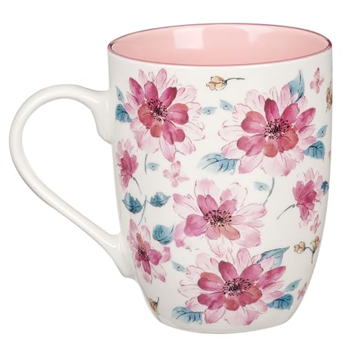 Christian Art Gifts Inspirational Ceramic Coffee & Tea Mug for Women: Strength & Dignity Encouraging Bible Verse Proverb, Microwave & Dishwasher Safe Drinkware, White, Pink & Fuchsia Floral, 12 oz.