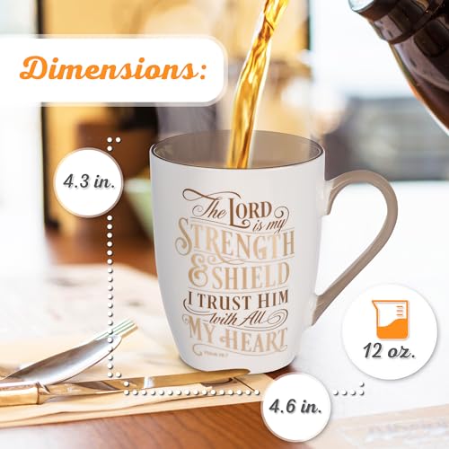 Christian Art Gifts Caramel Brown Ceramic Coffee Mug – 12 oz. Lead and Cadmium-free Inspirational Scripture Coffee and Tea Mug for Men and Women with Bible Verse: The Lord is My Strength – Psalm 28:7