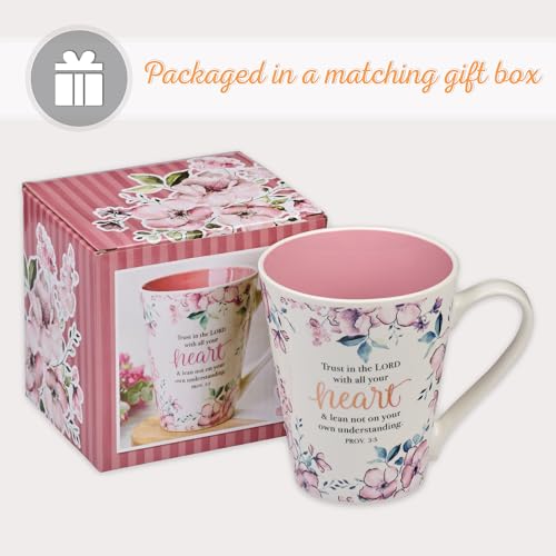 Christian Art Gifts Floral Pink Ceramic Coffee Mug – 14 oz. Lead and Cadmium-free Non-Toxic Inspirational Scripture Coffee and Tea Mug for Women with Bible Verse: Trust In The Lord – Proverbs 3:5