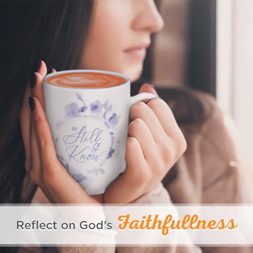 Christian Art Gifts Inspirational Ceramic Coffee & Tea Scripture Mug for Women: Be Still & Know Encouraging Bible Verse Cup, Microwave & Dishwasher Safe, Non-toxic, White, Blue & Purple Floral, 12 oz.