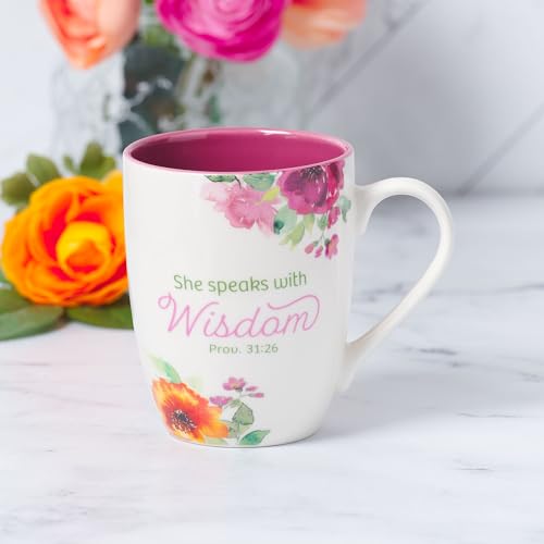 Christian Art Gifts Inspirational Ceramic Coffee & Tea Scripture Mug for Women: She Speaks with Wisdom Bible Verse, Microwave & Dishwasher Safe Drinkware, Multicolor Floral, White & Dark Pink, 12 oz.
