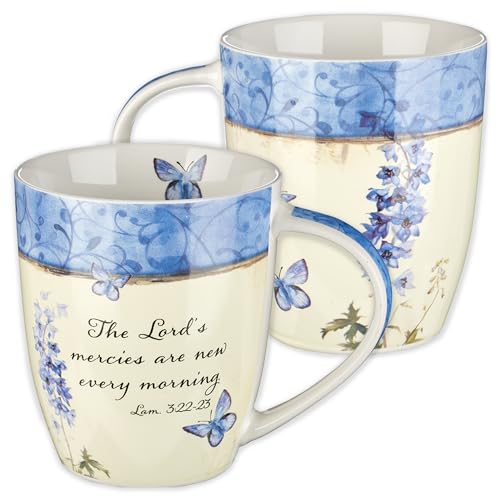 Christian Art Gifts Blue Butterfly Ceramic Coffee Mug – 12 oz. Microwave & Dishwasher-safe Inspirational Scripture Coffee & Tea Mug for Women with Bible Verse: The Lord's Mercies –Lamentations 3:22-23