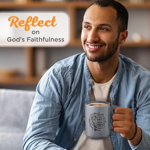 Christian Art Gifts Lion Gray Ceramic Coffee Mug – 14 oz. Microwave and Dishwasher-safe Inspirational Scripture Coffee and Tea Mug for Men and Women with Bible Verse: Strong & Courageous – Joshua 1:9