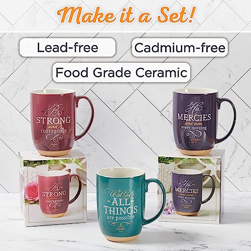 Christian Art Gifts Ceramic Scripture Coffee & Tea Mug Large 15 oz Inspirational Bible Verse Mug for Women: His Mercies are New - Lam. 3:22 Lead-free w/Clay Base & Gold Accents, Purple/White