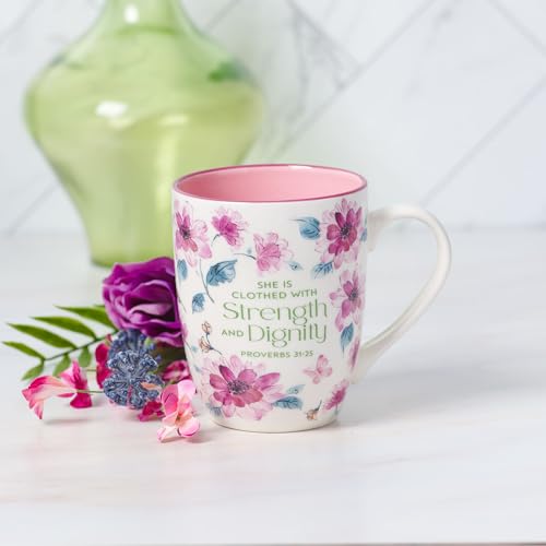Christian Art Gifts Inspirational Ceramic Coffee & Tea Mug for Women: Strength & Dignity Encouraging Bible Verse Proverb, Microwave & Dishwasher Safe Drinkware, White, Pink & Fuchsia Floral, 12 oz.