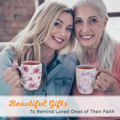 Christian Art Gifts Inspirational Ceramic Coffee & Tea Scripture Mug for Women: Be Still & Know Encouraging Bible Verse Cup, Microwave & Dishwasher Safe, Non-toxic, White, Blue & Purple Floral, 12 oz.