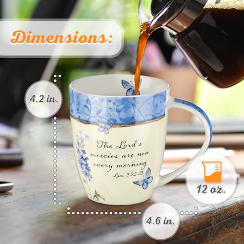 Christian Art Gifts Blue Butterfly Ceramic Coffee Mug – 12 oz. Microwave & Dishwasher-safe Inspirational Scripture Coffee & Tea Mug for Women with Bible Verse: The Lord's Mercies –Lamentations 3:22-23