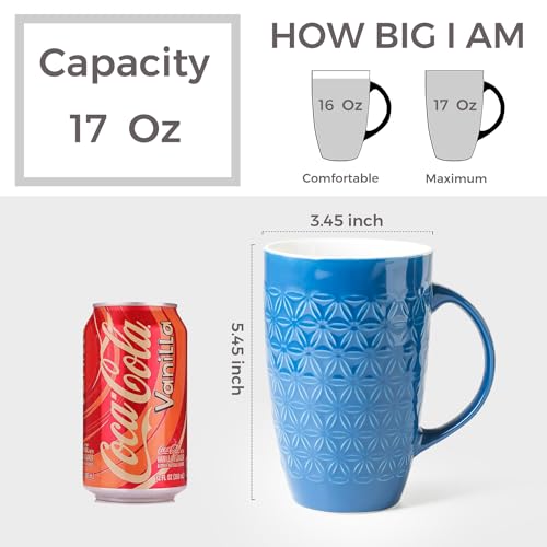 AmorArc Large Coffee Mugs Set of 6, 16oz Ceramic Tall Coffee Mugs Set with Textured Geometric Patterns for Latte/Tea/Beer/Hot Cocoa, Dishwasher & Microwave Safe, Blue