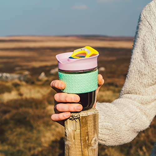 SoleCup. Travel Mug Loose Tea Infuser - Detachable Tea Strainer with Spillproof Lid - BPA-Free Reusable Glass Travel Coffee Cup with Silicone Band (Ice-Cream)
