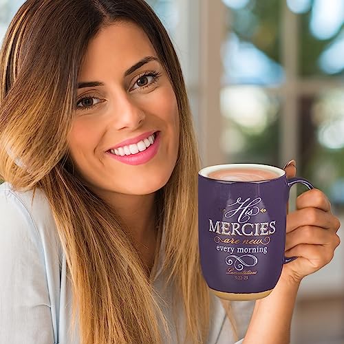 Christian Art Gifts Ceramic Scripture Coffee & Tea Mug Large 15 oz Inspirational Bible Verse Mug for Women: His Mercies are New - Lam. 3:22 Lead-free w/Clay Base & Gold Accents, Purple/White