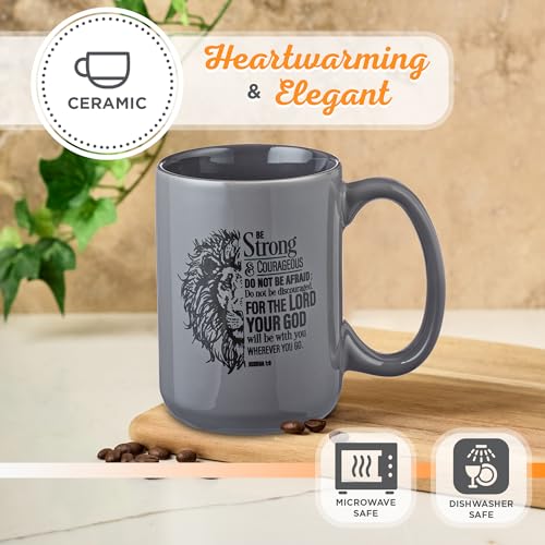 Christian Art Gifts Lion Gray Ceramic Coffee Mug – 14 oz. Microwave and Dishwasher-safe Inspirational Scripture Coffee and Tea Mug for Men and Women with Bible Verse: Strong & Courageous – Joshua 1:9
