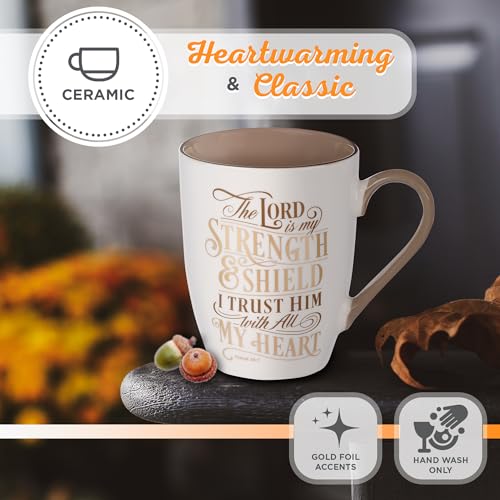 Christian Art Gifts Caramel Brown Ceramic Coffee Mug – 12 oz. Lead and Cadmium-free Inspirational Scripture Coffee and Tea Mug for Men and Women with Bible Verse: The Lord is My Strength – Psalm 28:7