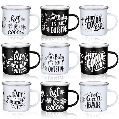 Yaomiao 9 Pcs Hot Cocoa Bar Enamel Mugs with Handles Christmas Coffee Mugs 12 oz Seasonal Enamel Cup Funny Novelty White and Red Tea Cups for Christmas (Mixed Style)