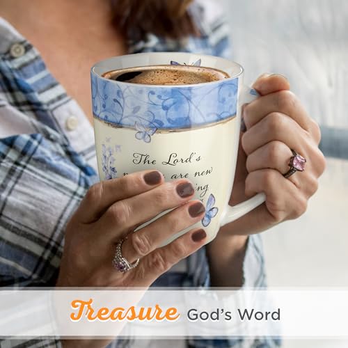 Christian Art Gifts Blue Butterfly Ceramic Coffee Mug – 12 oz. Microwave & Dishwasher-safe Inspirational Scripture Coffee & Tea Mug for Women with Bible Verse: The Lord's Mercies –Lamentations 3:22-23