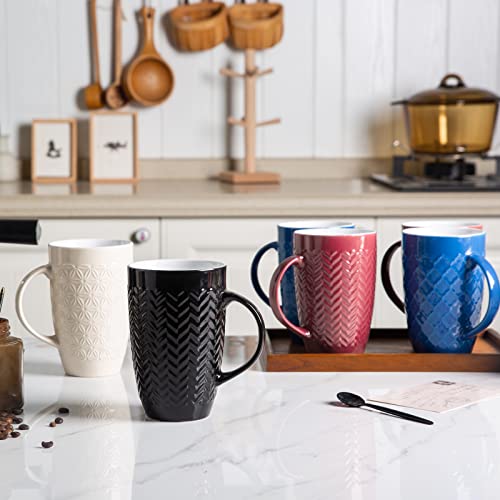 AmorArc Large Coffee Mugs Set of 6, 16oz Ceramic Tall Coffee Mugs Set with Textured Geometric Patterns for Latte/Tea/Beer/Hot Cocoa, Dishwasher & Microwave Safe, Blue