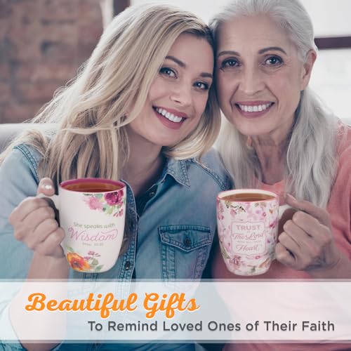 Christian Art Gifts Inspirational Ceramic Coffee & Tea Scripture Mug for Women: She Speaks with Wisdom Bible Verse, Microwave & Dishwasher Safe Drinkware, Multicolor Floral, White & Dark Pink, 12 oz.