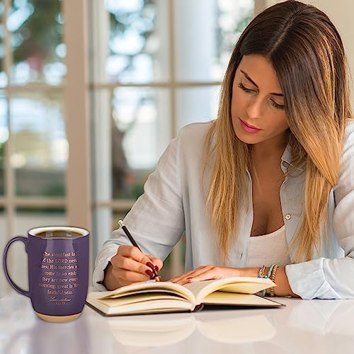 Christian Art Gifts Ceramic Scripture Coffee & Tea Mug Large 15 oz Inspirational Bible Verse Mug for Women: His Mercies are New - Lam. 3:22 Lead-free w/Clay Base & Gold Accents, Purple/White