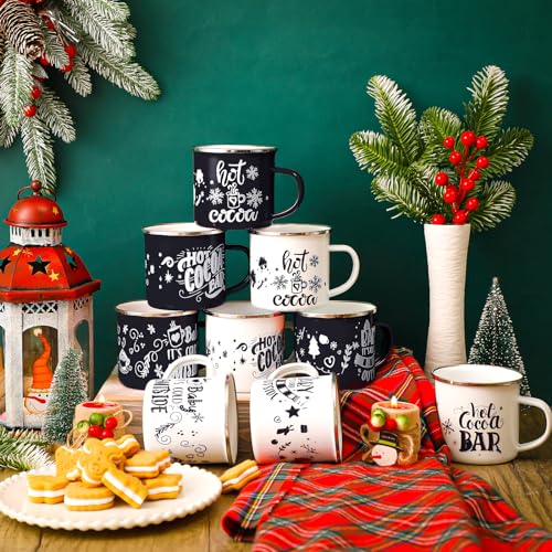 Yaomiao 9 Pcs Hot Cocoa Bar Enamel Mugs with Handles Christmas Coffee Mugs 12 oz Seasonal Enamel Cup Funny Novelty White and Red Tea Cups for Christmas (Mixed Style)