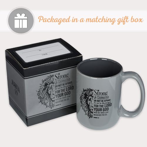 Christian Art Gifts Lion Gray Ceramic Coffee Mug – 14 oz. Microwave and Dishwasher-safe Inspirational Scripture Coffee and Tea Mug for Men and Women with Bible Verse: Strong & Courageous – Joshua 1:9