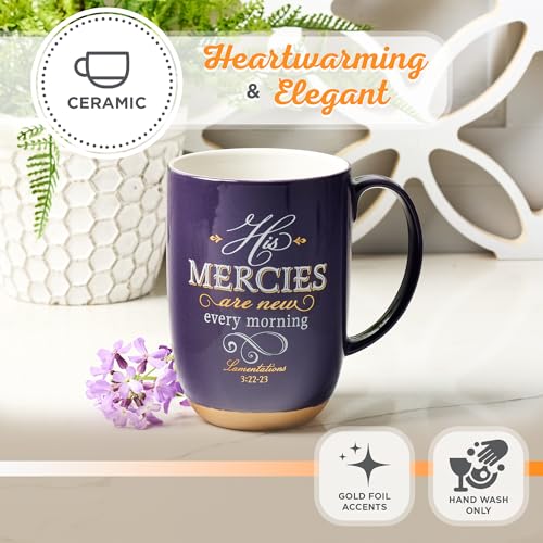 Christian Art Gifts Ceramic Scripture Coffee & Tea Mug Large 15 oz Inspirational Bible Verse Mug for Women: His Mercies are New - Lam. 3:22 Lead-free w/Clay Base & Gold Accents, Purple/White