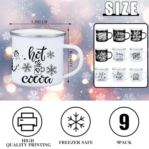 Yaomiao 9 Pcs Hot Cocoa Bar Enamel Mugs with Handles Christmas Coffee Mugs 12 oz Seasonal Enamel Cup Funny Novelty White and Red Tea Cups for Christmas (Mixed Style)