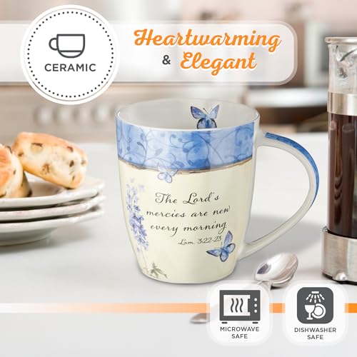 Christian Art Gifts Blue Butterfly Ceramic Coffee Mug – 12 oz. Microwave & Dishwasher-safe Inspirational Scripture Coffee & Tea Mug for Women with Bible Verse: The Lord's Mercies –Lamentations 3:22-23