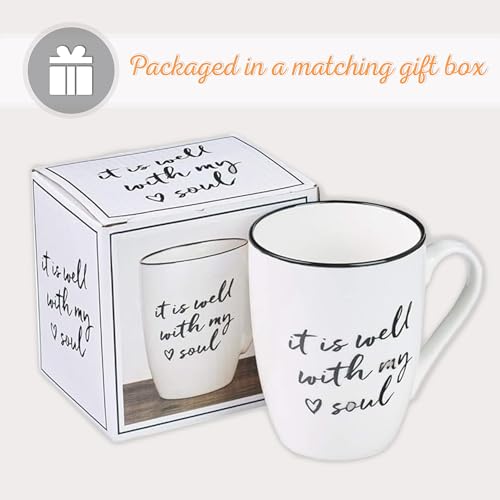 Christian Art Gifts White Ceramic Coffee Mug – 12 oz. Microwave and Dishwasher-safe Lead and Cadmium-free Inspirational Scripture Coffee and Tea Mug for Men & Women with Bible Verse:Well With My Soul