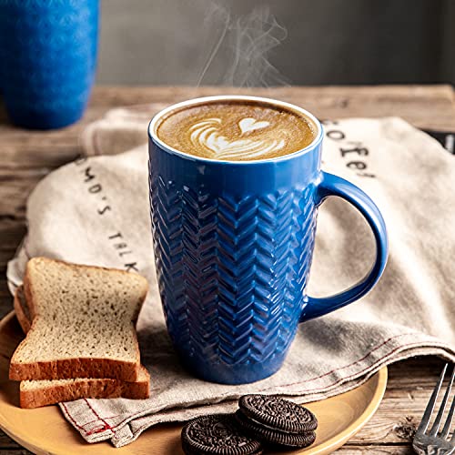 AmorArc Large Coffee Mugs Set of 6, 16oz Ceramic Tall Coffee Mugs Set with Textured Geometric Patterns for Latte/Tea/Beer/Hot Cocoa, Dishwasher & Microwave Safe, Blue
