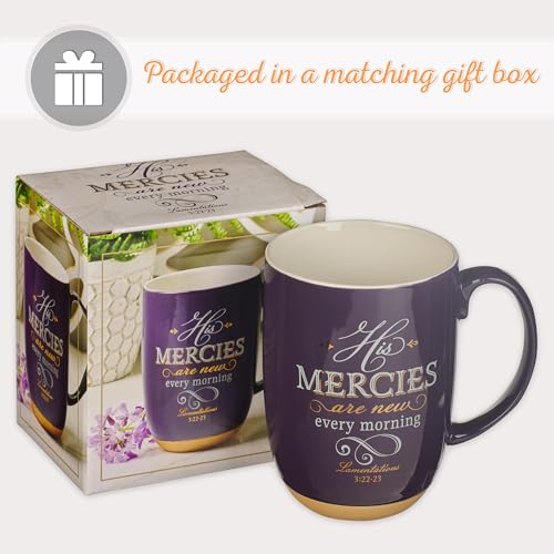 Christian Art Gifts Ceramic Scripture Coffee & Tea Mug Large 15 oz Inspirational Bible Verse Mug for Women: His Mercies are New - Lam. 3:22 Lead-free w/Clay Base & Gold Accents, Purple/White