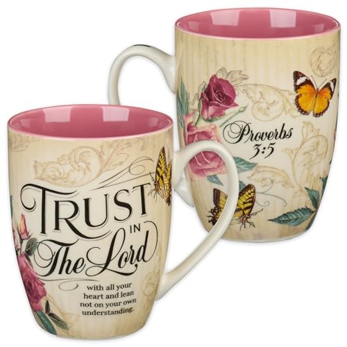 Christian Art Gifts Pink Rose Floral & Yellow Butterfly Ceramic Coffee Mug – 12 oz. Lead-free Inspirational Scripture Coffee and Tea Mug for Women with Bible Verse: Trust in the Lord - Proverbs 3:5