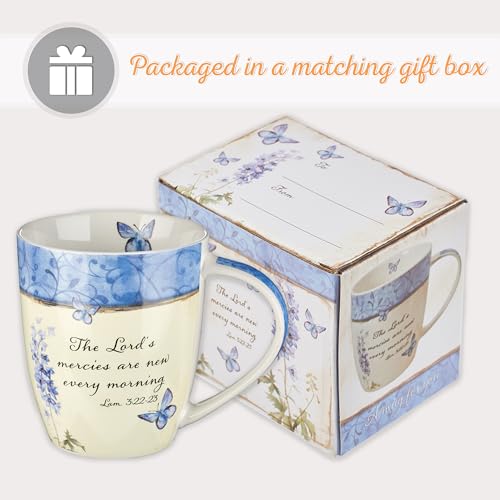 Christian Art Gifts Blue Butterfly Ceramic Coffee Mug – 12 oz. Microwave & Dishwasher-safe Inspirational Scripture Coffee & Tea Mug for Women with Bible Verse: The Lord's Mercies –Lamentations 3:22-23