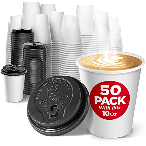 Disposable White Coffee Cups with Lids 10 oz (50 Pack) - To Go Paper Coffee Cups for Hot & Cold Beverages, Coffee, Tea, Hot Chocolate, Water, Juice - Eco Friendly Cups