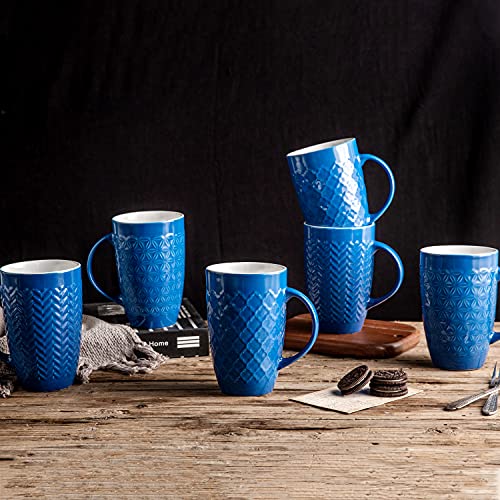 AmorArc Large Coffee Mugs Set of 6, 16oz Ceramic Tall Coffee Mugs Set with Textured Geometric Patterns for Latte/Tea/Beer/Hot Cocoa, Dishwasher & Microwave Safe, Blue
