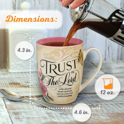 Christian Art Gifts Pink Rose Floral & Yellow Butterfly Ceramic Coffee Mug – 12 oz. Lead-free Inspirational Scripture Coffee and Tea Mug for Women with Bible Verse: Trust in the Lord - Proverbs 3:5