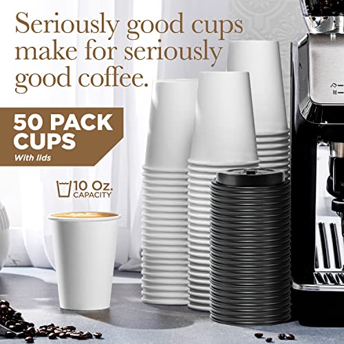 Disposable White Coffee Cups with Lids 10 oz (50 Pack) - To Go Paper Coffee Cups for Hot & Cold Beverages, Coffee, Tea, Hot Chocolate, Water, Juice - Eco Friendly Cups