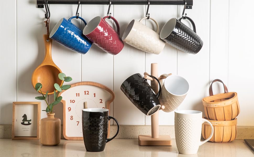 AmorArc Large Coffee Mugs Set of 6, 16oz Ceramic Tall Coffee Mugs Set with Textured Geometric Patterns for Latte/Tea/Beer/Hot Cocoa, Dishwasher & Microwave Safe, Blue