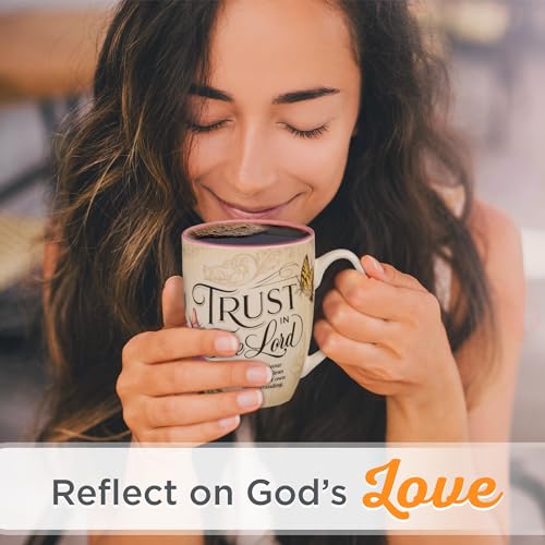 Christian Art Gifts Pink Rose Floral & Yellow Butterfly Ceramic Coffee Mug – 12 oz. Lead-free Inspirational Scripture Coffee and Tea Mug for Women with Bible Verse: Trust in the Lord - Proverbs 3:5