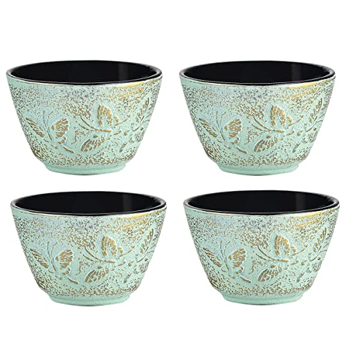 Sungmor Cast Iron Teacups - Set of 4 & 5 Ounce Japanese Style Tea Cups - Heavy Weight Green Butterfly Teacups - Coated with Enameled Interior Vintage Teacups for Households, Offices, Tea House