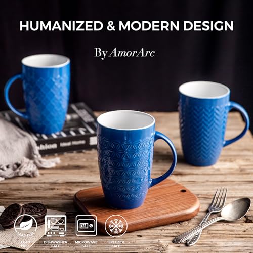 AmorArc Large Coffee Mugs Set of 6, 16oz Ceramic Tall Coffee Mugs Set with Textured Geometric Patterns for Latte/Tea/Beer/Hot Cocoa, Dishwasher & Microwave Safe, Blue