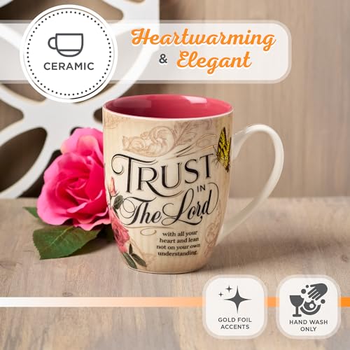 Christian Art Gifts Pink Rose Floral & Yellow Butterfly Ceramic Coffee Mug – 12 oz. Lead-free Inspirational Scripture Coffee and Tea Mug for Women with Bible Verse: Trust in the Lord - Proverbs 3:5