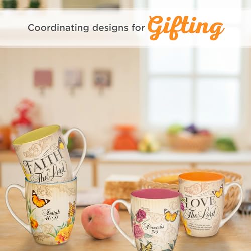 Christian Art Gifts Pink Rose Floral & Yellow Butterfly Ceramic Coffee Mug – 12 oz. Lead-free Inspirational Scripture Coffee and Tea Mug for Women with Bible Verse: Trust in the Lord - Proverbs 3:5
