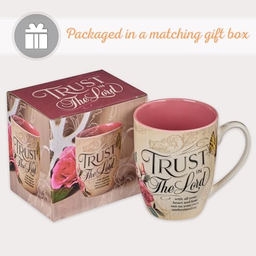 Christian Art Gifts Pink Rose Floral & Yellow Butterfly Ceramic Coffee Mug – 12 oz. Lead-free Inspirational Scripture Coffee and Tea Mug for Women with Bible Verse: Trust in the Lord - Proverbs 3:5