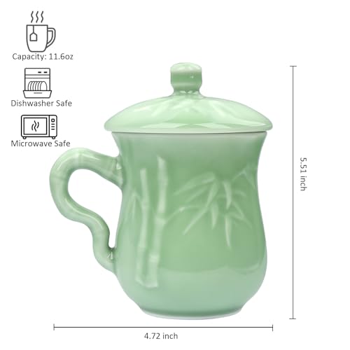 Celadon Bamboo Ceramic Tea Cup with Lid