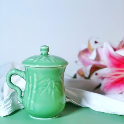 Celadon Bamboo Ceramic Tea Cup with Lid