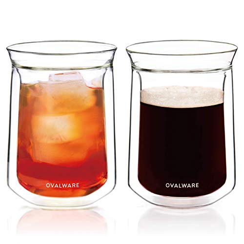 ovalware Double Wall Single Lip Insulated Glass Cup, Set of 2 (12oz / 350ml) - Borosilicate Glass For Coffee, Tea, Whiskey, Cocktails & All Beverages - Minimalistic & Durable Double-Wall Drinking Mug